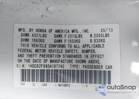 2013 Honda Accord Ex-L z USA, uszkodzony, nr VIN 1HGCR2F86DA197740